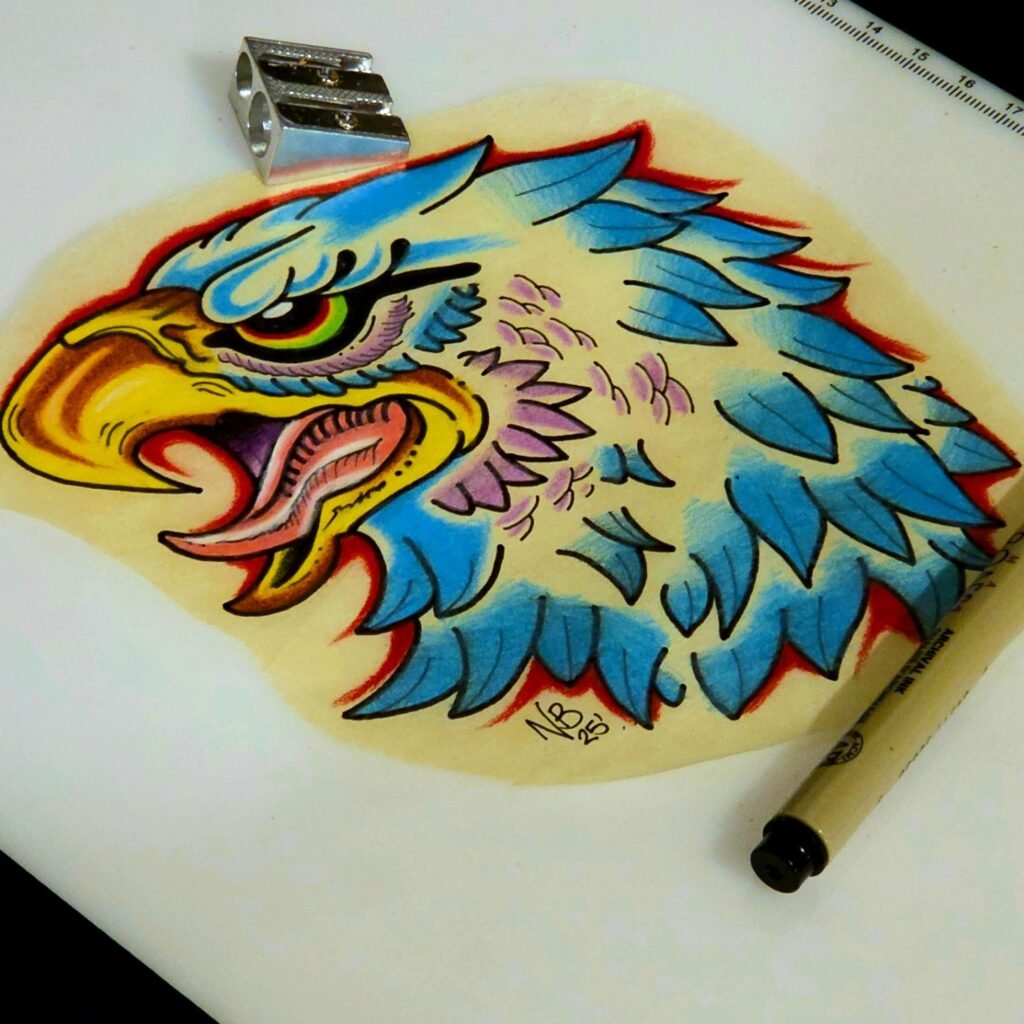 Custom eagle head tattoo flash designed by Noah Beach co owner of Near Me Tattoo in 6721 Bells Ferry Rd Ste D110 Woodstock, Ga. 30189