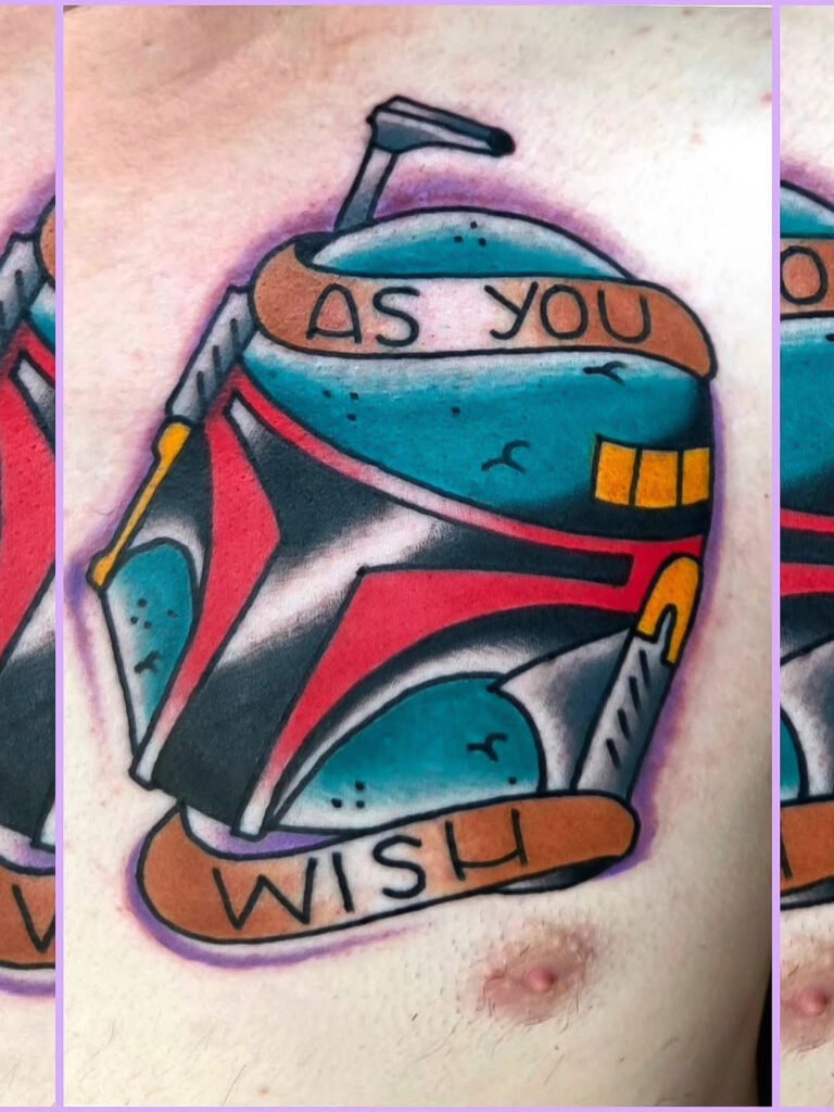 a Neo traditional Star Wars tattoo of the bounty hunter Boba Fett of the Mandalorians. It has a banner saying “as you wish” the helmet is angled to the right slightly. The tattoo is on the clients chest. This tattoo was made by Noah Beach, co owner of Near Me Tattoo at 6721 Bells Ferry Rd Ste D110 Woodstock, Ga. 30189