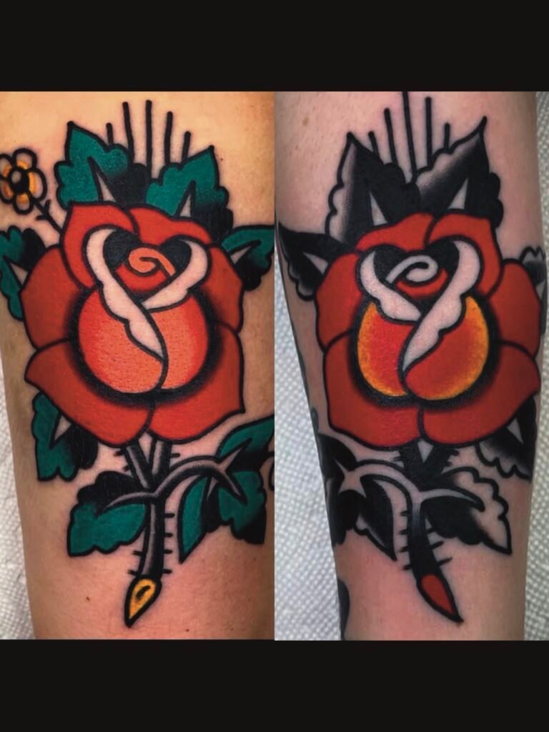 a couple of matching traditional rose tattoos. They are different from each other in coloring and the addition of a small extra simple flower. One has deep green solid leaves and the other is deep blackwork shaded leaves. This tattoo was made by Noah Beach, co owner of Near Me Tattoo at 6721 Bells Ferry Rd Ste D110 Woodstock, Ga. 30189