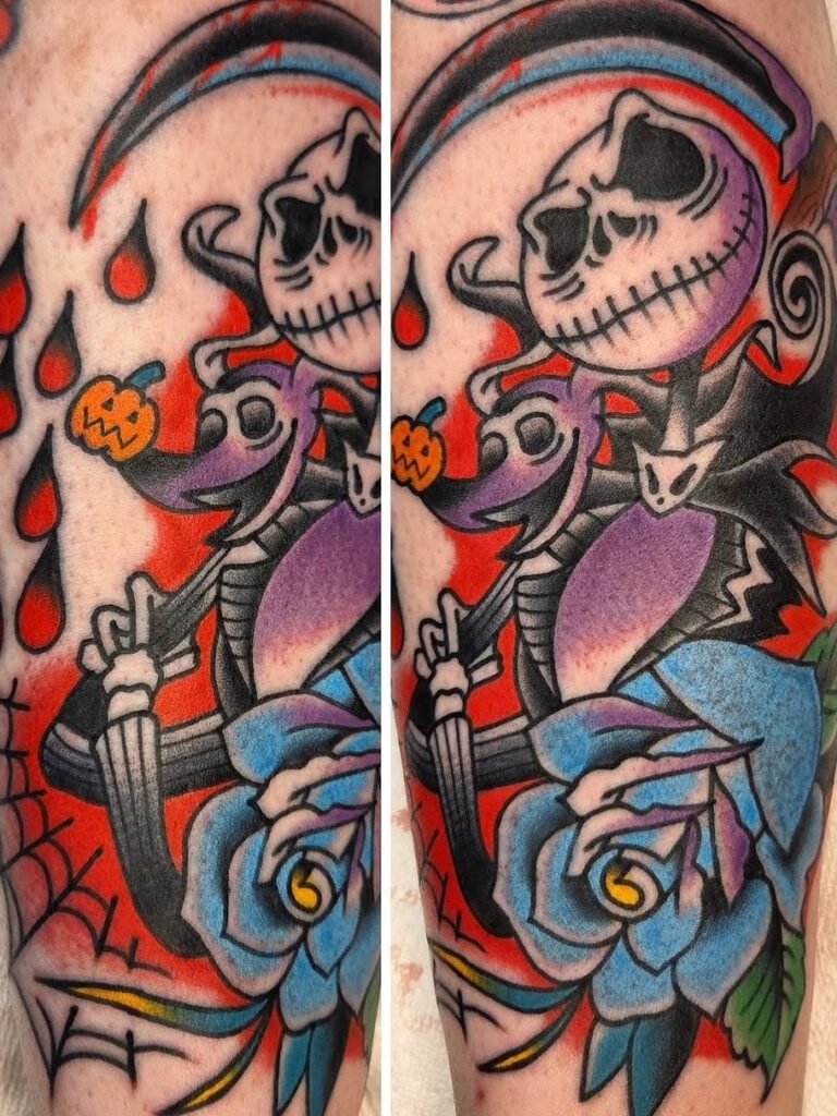 A Neo traditional Jack Skellington and Zero from Tim burtons The Nightmare before Christmas. It has Jack with his arms crossed and zero peeking out over his shoulder with his jacket o lantern nose. This tattoo was made by Noah Beach, co owner of Near Me Tattoo at 6721 Bells Ferry Rd Ste D110 Woodstock, Ga. 30189