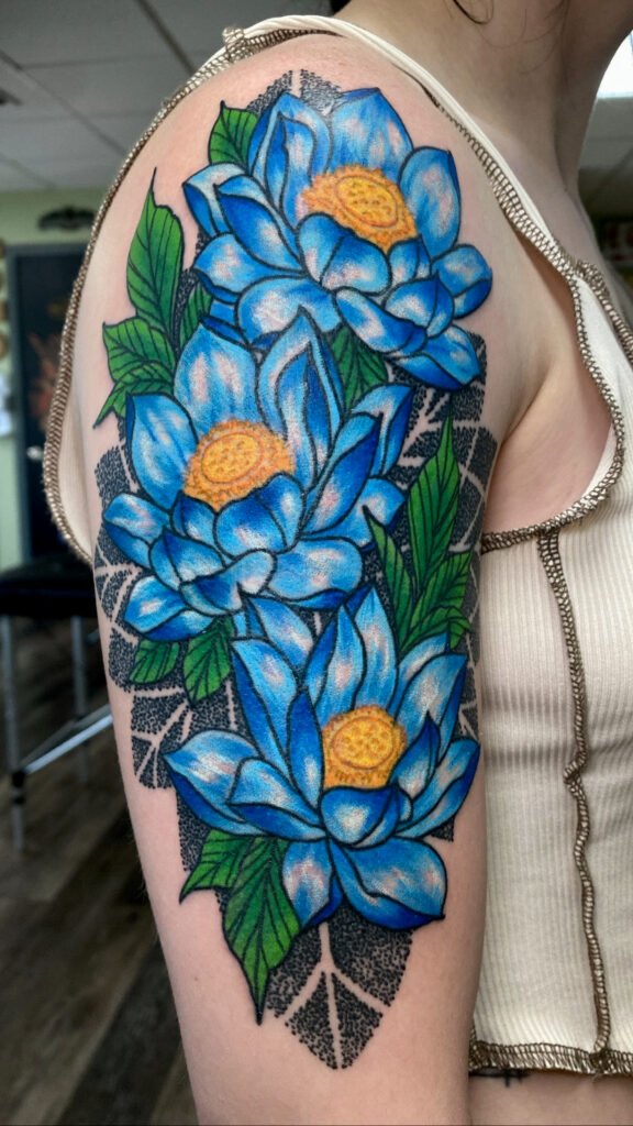 A Neo traditional Japanese tattoo of three blue lotus flowers ascending the outer upper arm of a sleeve. The flowers each have golden yellow centers. The background is a flowing mic of leaves and dot work or stippled shading echoing the leaf shapes. This tattoo was done by Jeremy Moffitt an artist at Near Me Tattoo located at 6721 Bells Ferry Rd Ste D110 Woodstock, Ga. 30189