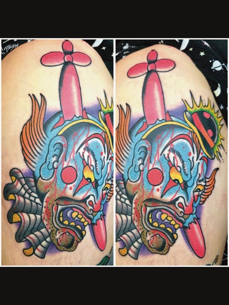 A mashup tattoo depicting a clown being stabbed through the head by a balloon sword. It is depicted in a traditional Japanese ukiyo-e wood block painting style of a common samurai print. This tattoo was made by Noah Beach, co owner of Near Me Tattoo at 6721 Bells Ferry Rd Ste D110 Woodstock, Ga. 30189