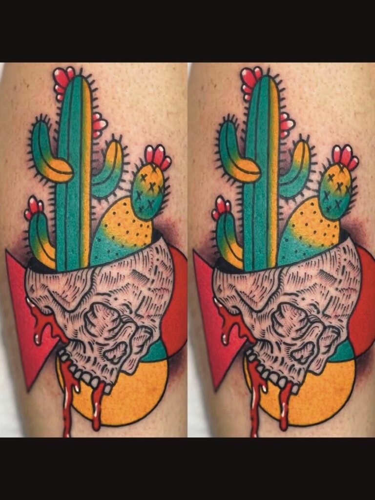 a mashup tattoo of two different styles. It has a skull done in a renaissance wood block style with heavy and fine line work for shading. Out of the skull is an American traditional style cactus with pink flowers on them. Behind the skull is a 90s shape motif and colored in paisley style.