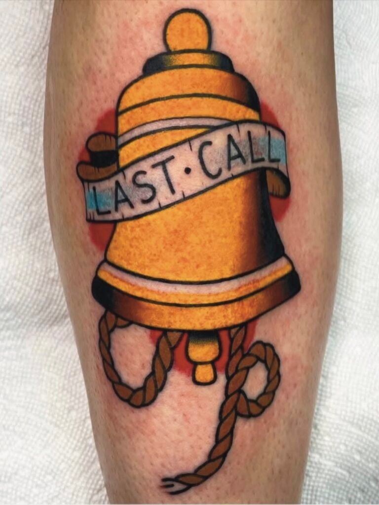 An American traditional style tattoo depicting a golden bell. There is a banner running across the bell saying “last call”. There is rope at the bottom of the bell that is winding around in a couple of loops. This tattoo was made by Noah Beach, co owner of Near Me Tattoo at 6721 Bells Ferry Rd Ste D110 Woodstock, Ga. 30189