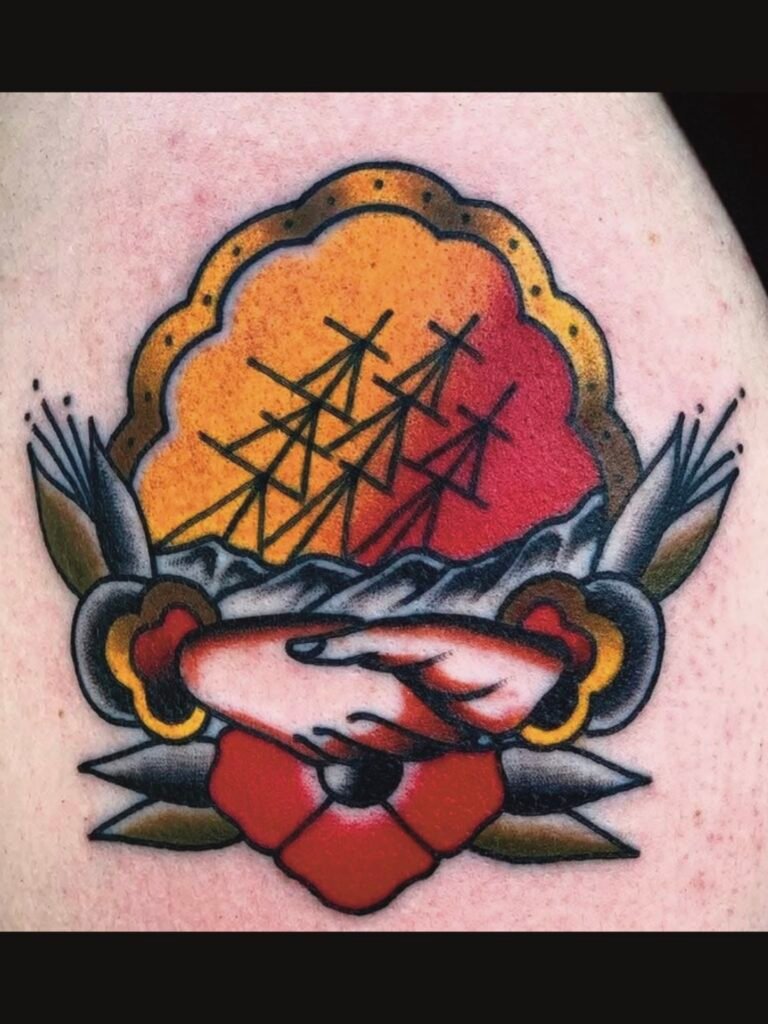 An American traditional friendship tattoo of two shaking hands. below the hands is a traditional poppy flower and above the hands is frame with the image of a sinking ship with its sails reaching out above the waves. This tattoo was made by Noah Beach, co owner of Near Me Tattoo at 6721 Bells Ferry Rd Ste D110 Woodstock, Ga. 30189