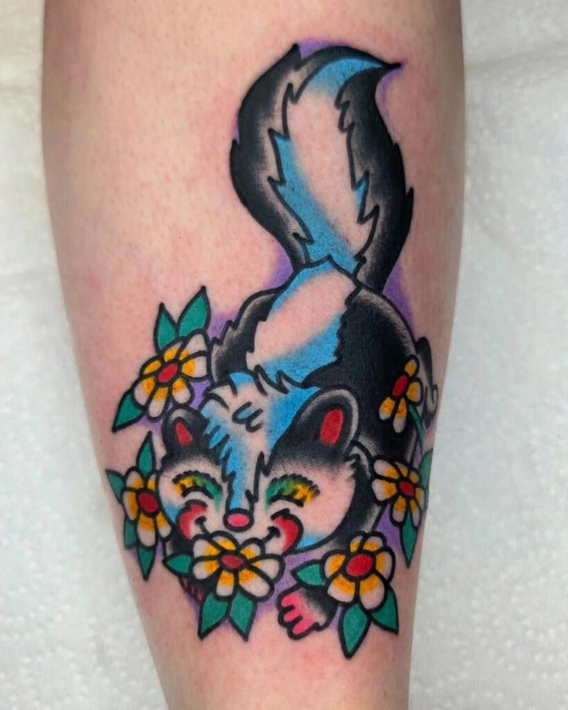 A traditional and very brightly colored skunk in flowers tattoo. The skunk is happy with a smiling face sniffling yellow and white flowers with red centers. This tattoo was made by Noah Beach, co owner of Near Me Tattoo at 6721 Bells Ferry Rd Ste D110 Woodstock, Ga. 30189