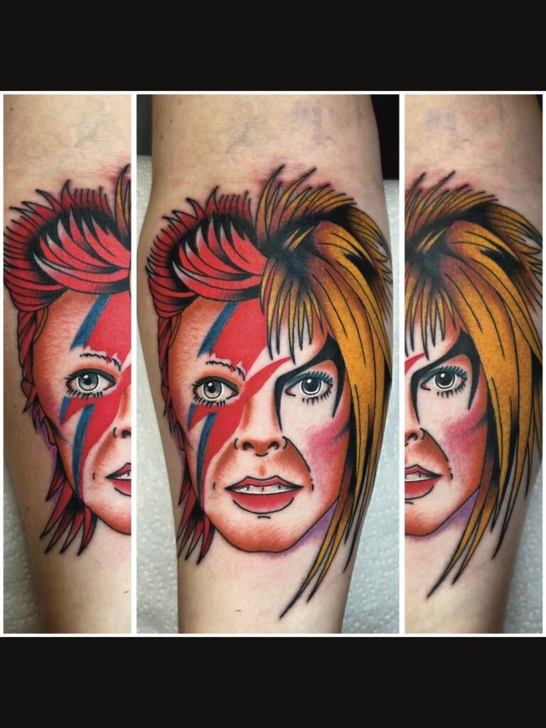 A neo traditional portrait of singer and front man David Bowie. It is done with a distinctive style depicting the musician during two stages of his singing career. This tattoo was made by Noah Beach, co owner of Near Me Tattoo at 6721 Bells Ferry Rd Ste D110 Woodstock, Ga. 30189