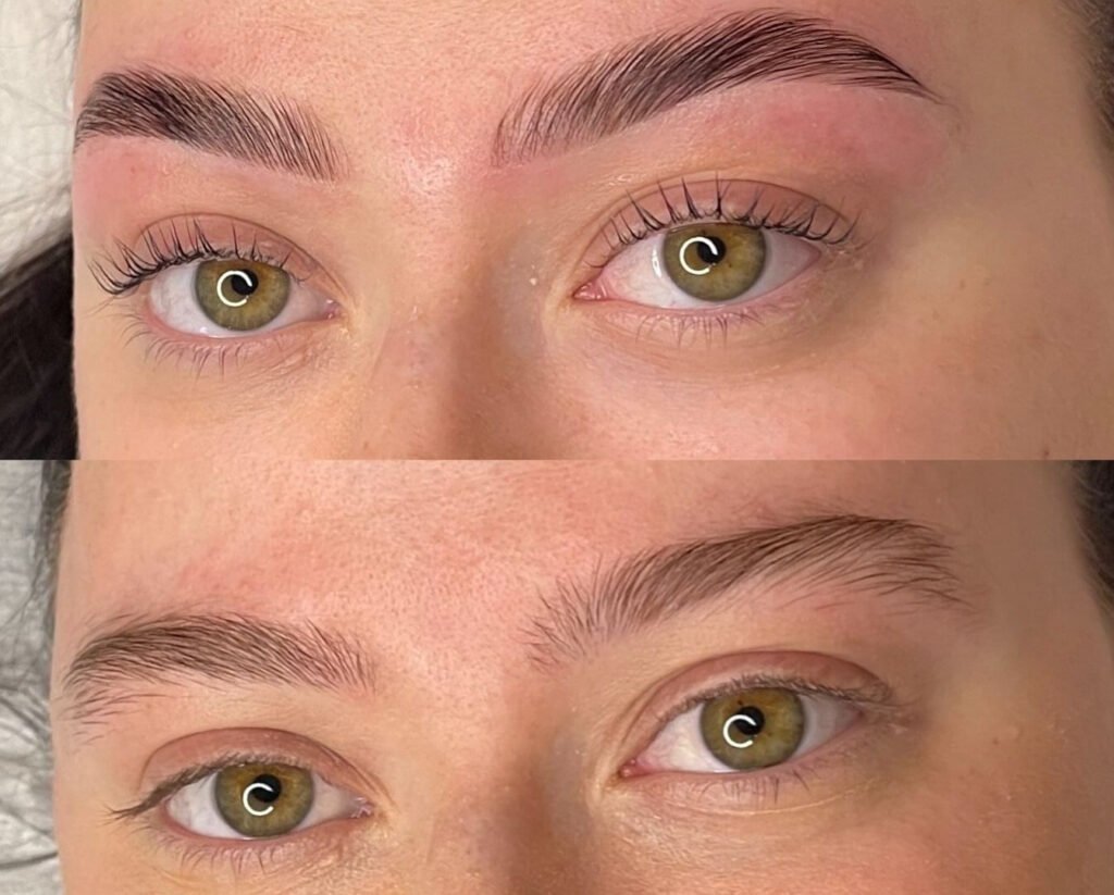 A before and after of PMU or permanent makeup ombre powder brows. They are feminine, perfect, and natural looking. Women love coming the the artist Shian Gillespie at Near Me Tattoo, 6721 Bells ferry Road STE D110 Woodstock ga 30189