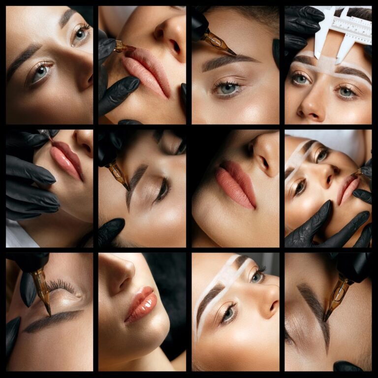 various pictures of permanent makeup including brows, tint, lip color