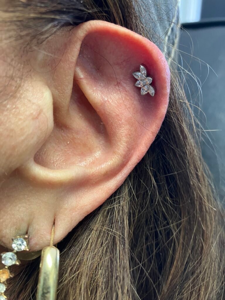A photograph of a very ornate and elegant helix piercing on a woman’s ear. The jewelry is fan shaped CZ cut stones with six facets. The Base of the jewelry is made out of titanium. This piercing was done by Hope Boyd the body piercer at Near Me Tattoo at 6721 Bells Ferry Rd STE D110 Woodstock, Georgia 30189