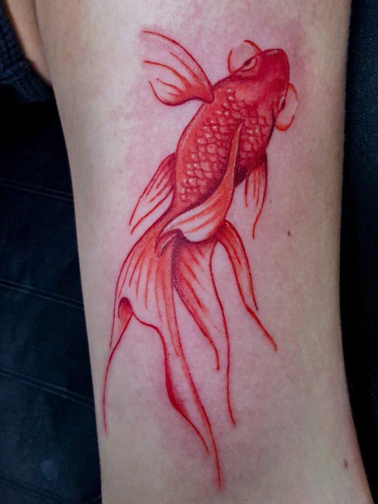 A color ink semi realistic goldfish tattoo. It has a painterly kind of style whiter there is no definitive black lines and is done in color only. The goldfish is a bubble eyed goldfish commonly found in pet stores and is a vibrant red oraange in color with highlights going down the fish scales. It is swimming up in direction away from the hand and finger of the arm. This tattoo was made by Nathan Heinrich, co owner of Near Me Tattoo at 6721 Bells Ferry Rd Ste D110 Woodstock, Ga. 30189